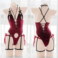 Halloween Women Medieval Wine Red Velvet Bodysuit Unifrom Costumes Cosplay