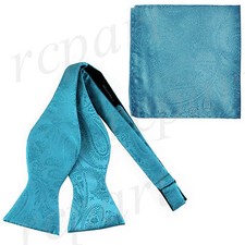 New men's self tie free style bowtie set paisley polyester formal turquoise blue