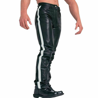 Men's Genuine Lambskin Black Leather Trousers with White Side Strips Biker Pants