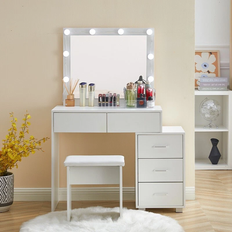 LED Light Vanity Dressing Table Set Bedroom Makeup Desk With Mirror Drawer Stool - Image 3 of 4
