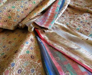 Antique Chinese Silk Brocade Fabric Gold Metallic Flowers Leaves Japan Textile