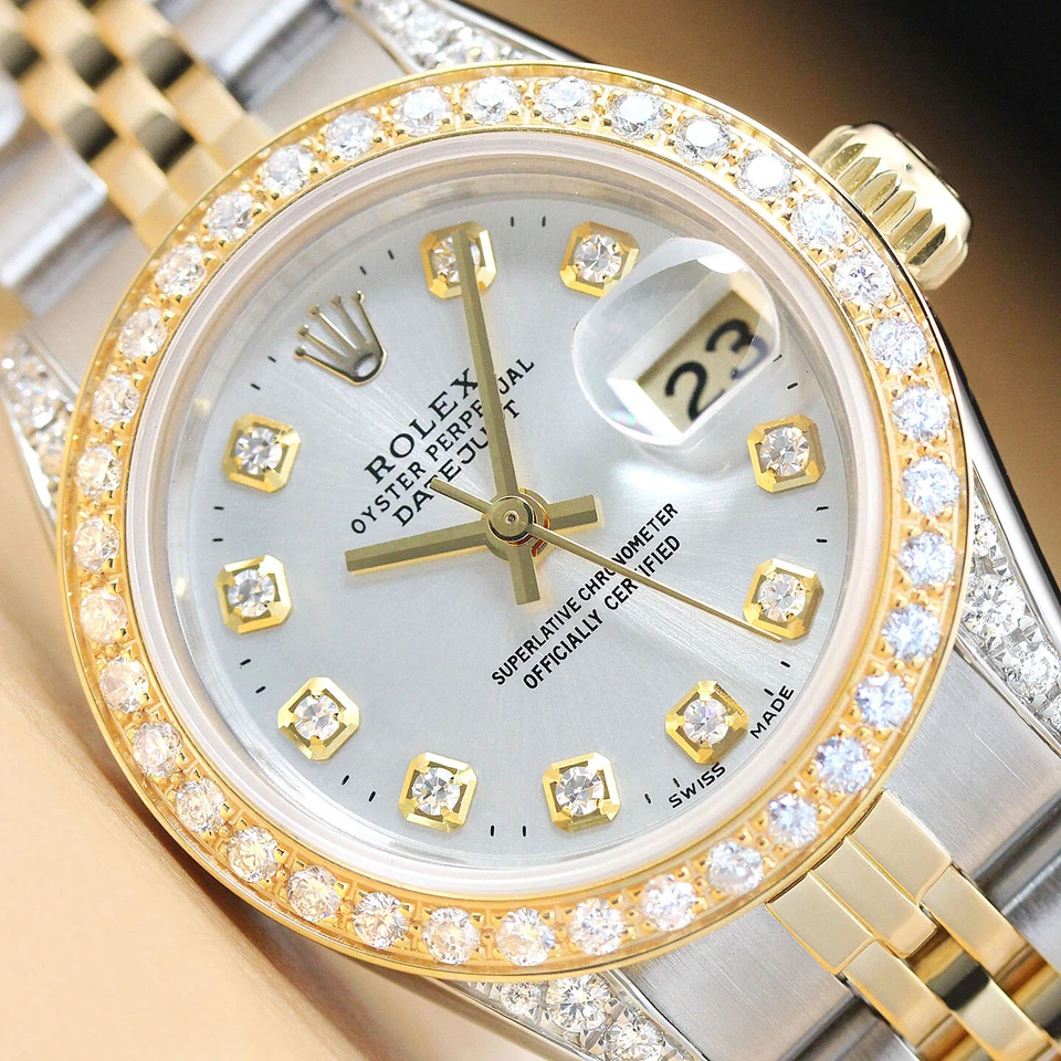 LADIES ROLEX DATEJUST TWO TONE 18K YELLOW GOLD DIAMOND & STEEL QUICKSET WATCH
