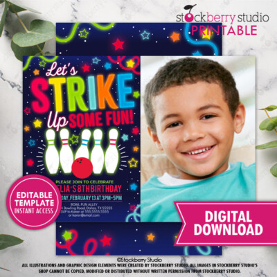 Bowling Birthday Invitation Boy Glow Party Photo Invite Printed Neon Strike Up
