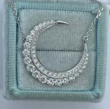 2.00Ct Round Cut Real Moissanite Crescent Moon Pendant 14K White Gold Plated