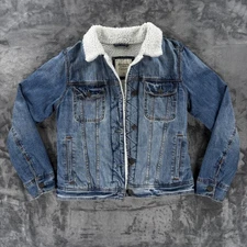 Abercrombie Fitch Sherpa Lined Denim Jacket Mens M Blue Trucker Distressed