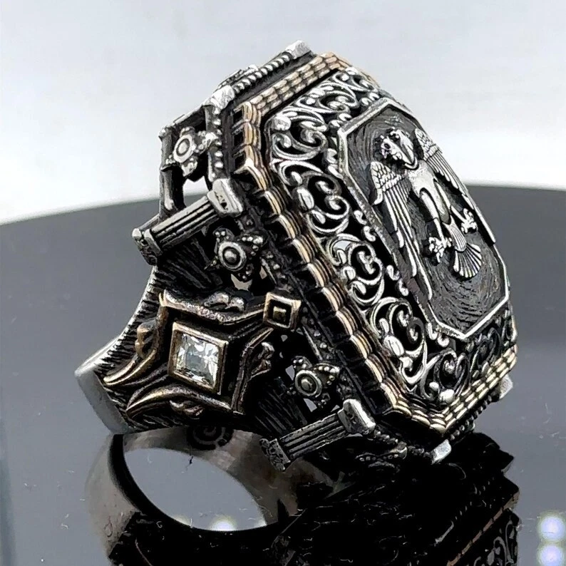 Anillo grande de plata de ley 925 estilo otomano doble águila sello Foto 2 de 4