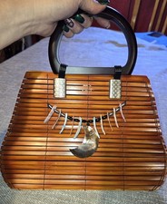 Vintage Bamboo and Natural Real Shell Double Wood Handled Bag EUC CLEAN