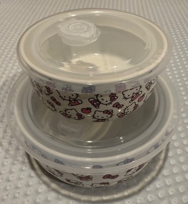 Hello Kitty Apple Jacks White/Pink Ceramic Bowls w/Microwaveable Lids Sizes S/L