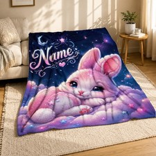 Personalized Bunny Coral Fleece Blanket Cute Spring Nursery Decor