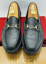 Gucci Mens Black Leather Loafers 10.5 US Gold Horse Bit Leather Luxury Slp On