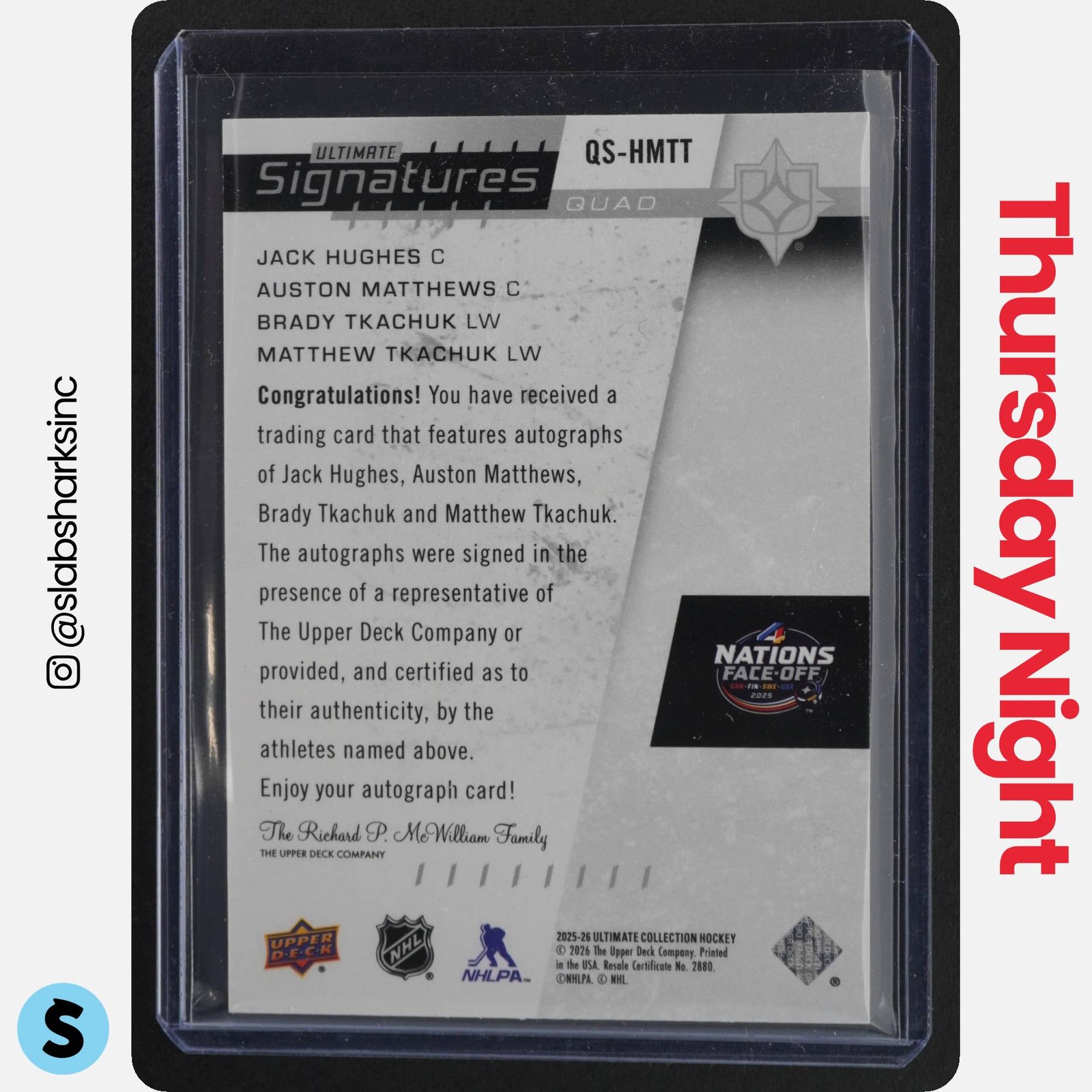 2025 ULTIMATE COLLECTION J. HUGHES/MATTHEWS/B. TKACHUK/M. TKACHUK QUAD AUTO /10 view 2