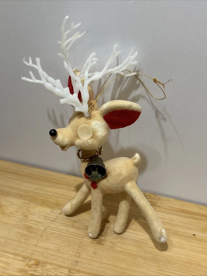 "Adorno de Navidad vintage de reno flocado astas de campana de fieltro alrededor de 1950 6""" Foto 2 de 4