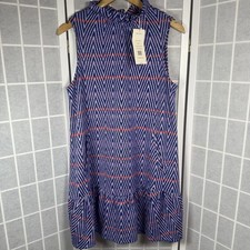 Tyler Boe Dress Medium Blue Red Chevron Jacquard Sleveless Ruffle Neck New