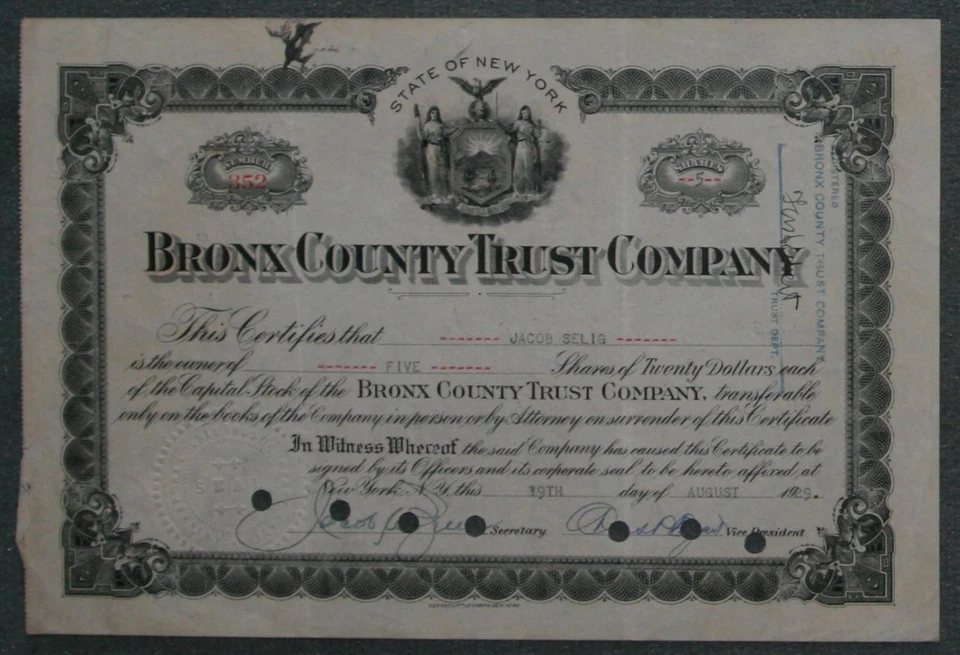 Bronx County Trust Company 1929 5 Shares - Bild 1 von 1