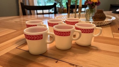 Vintage Corning Pyrex Red Laurel Coffee Mug 709 Cups Set Of 6