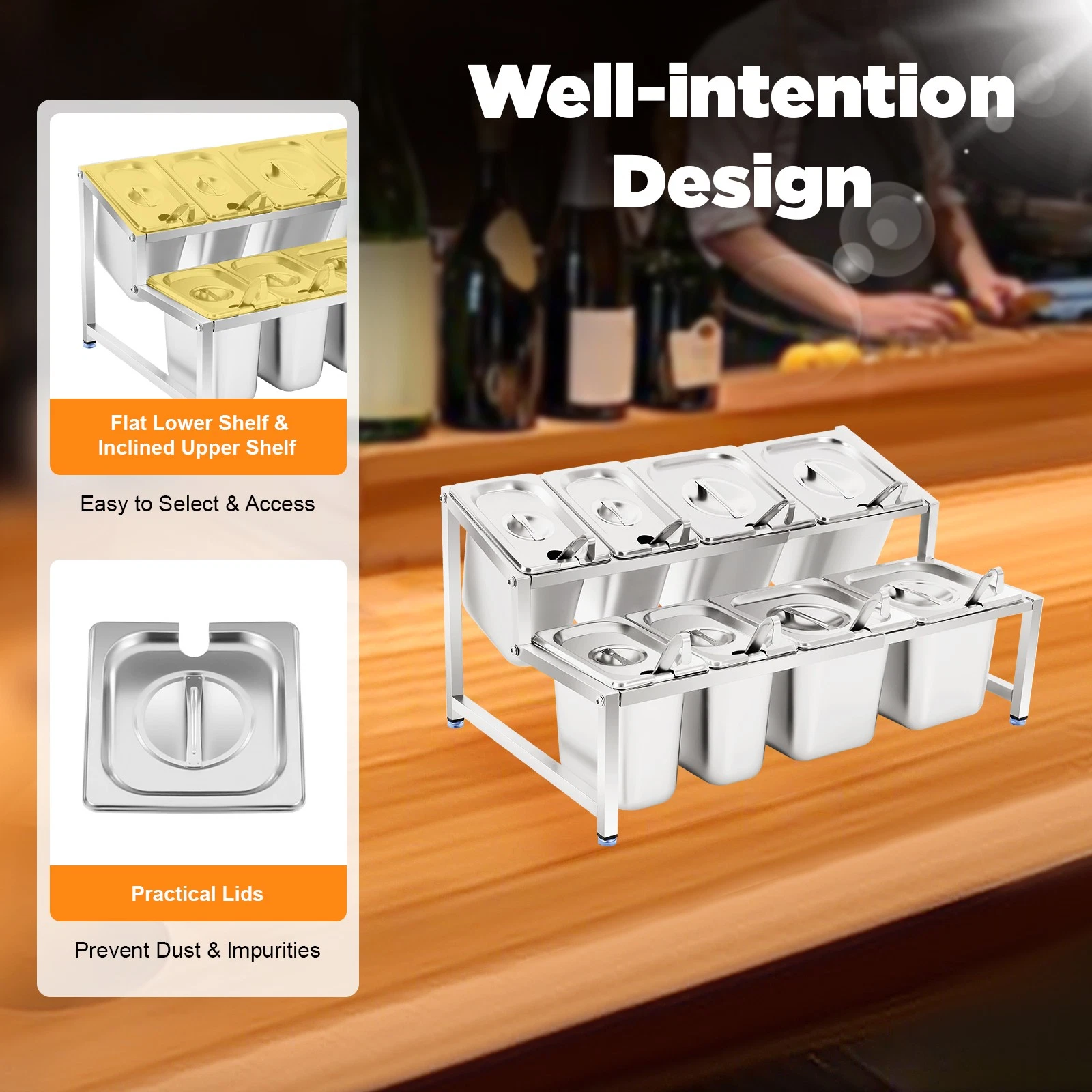 Expandable Spice Rack Stainless Steel Organizer Shelf with Pans Ladles Lids