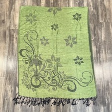 Pashmina Silk Scarf Wrap Shawl Green Floral Tassels 27" x 76" - Has Flaws