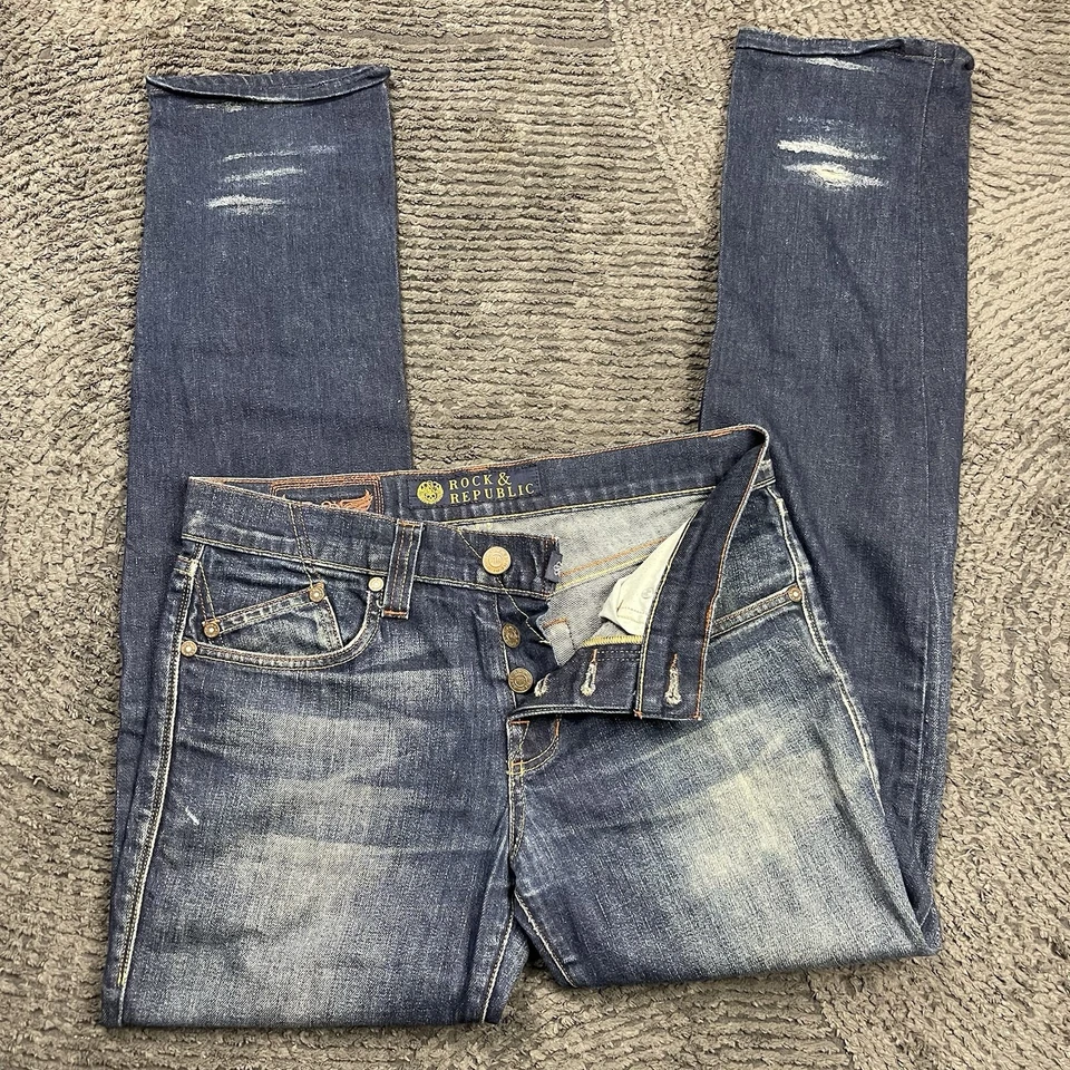 Rock & Republic Men’s Jeans Size 31 x 32 Dark Wash Bootcut Denim Distressed - Image 2 of 4