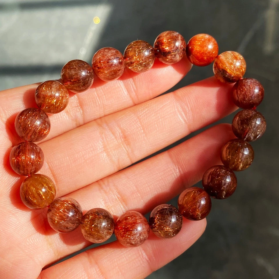 9.5mm Natural Copper Rutilated Quartz Crystal Stretch Beads Bracelet AAAA 13 - Image 2 of 4