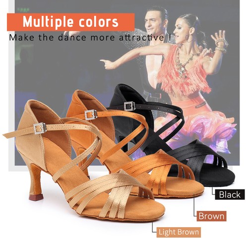 Women Latin Ballroom Dance Shoes Black Brown Salsa Tango Shoes 5.5cm 7.5cm Heels - Picture 8 of 18