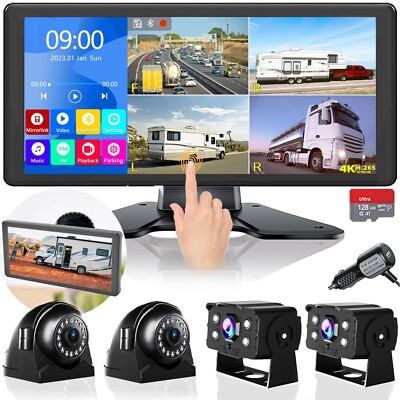 4K RV Backup Camera System 10.36'' Quad Split Touch Screen Monitor with 4 1080...