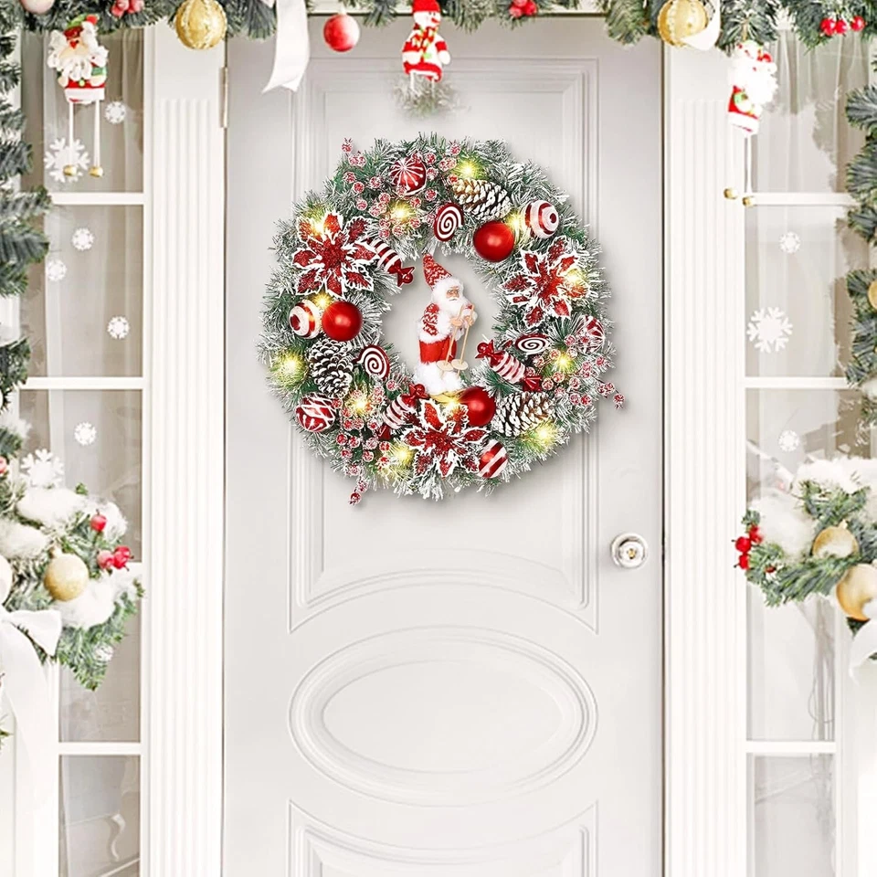 Christmas Wreaths for Front Door, 2 Pack 18" Santa Skiing Poinsettias w/ Lights - Image 4 of 4