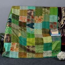Indian Handmade Vintage Silk Patchwork Kantha Bedspread Quilt Throw Blanket