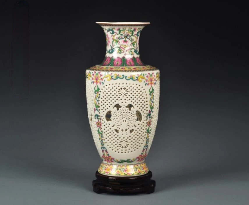 11.4" China Porcelain Famille Rose Hollow Plum Orchid Bamboo Chrysanthemum Vase - Image 2 of 4