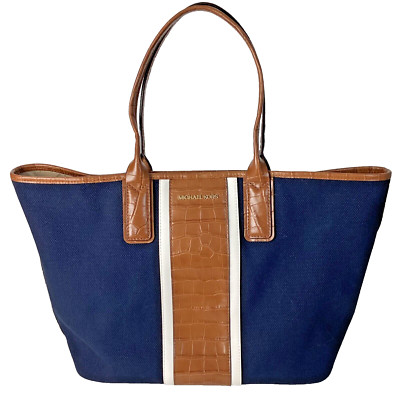 NEW MICHAEL KORS GREENWICH LARGE EAST WEST NAVY TOTE BAG CANVAS CROCO BROWN TRIM