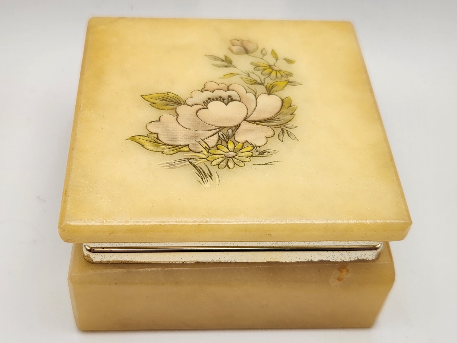 Vintage Hand Carved Genuine Alabaster Trinket Box Made in Italy with