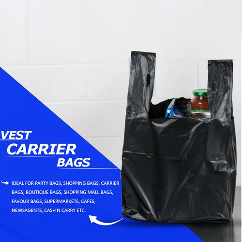 Plastic Vest Style Carrier Bags Black / Blue Reusable Carry Bag for Supermarket - Picture 5 of 31