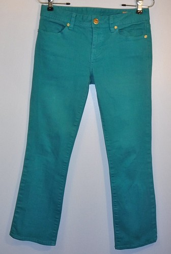 tory burch size 26 teal green logo pockets cropped capri slim