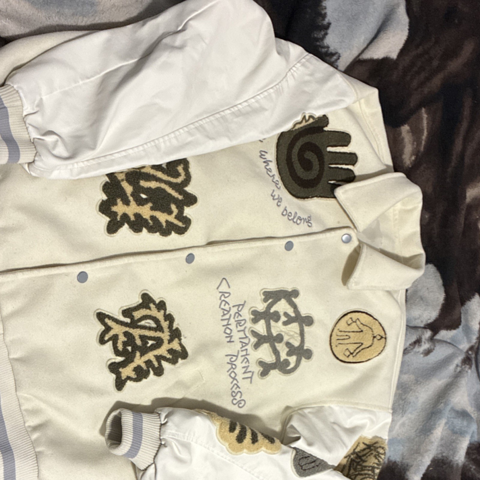 Men's Patchwork Varsity Jacket White Brown Gray E… - image 1