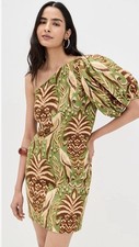 $250 FARM Rio One Shoulder Buttoned Mini Dress Pineapple Tapestry Green XS NWT