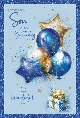 Happy Birthday Son Card. Cherry Orchard. Modern & Stylish,Balloons, paper insert