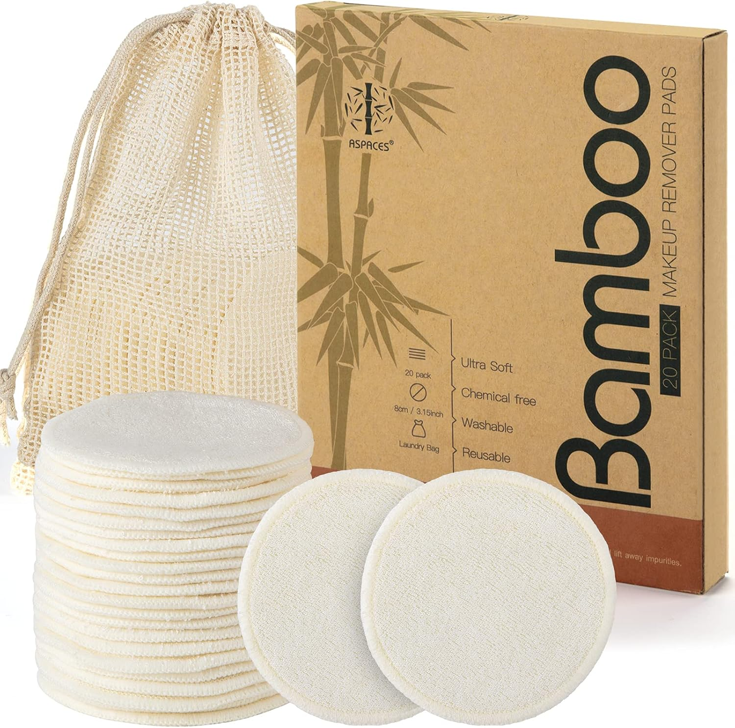 Reusable Makeup Remover Pads - 20 Packs Natural Bamboo Cotton Rounds Eco-Friendl