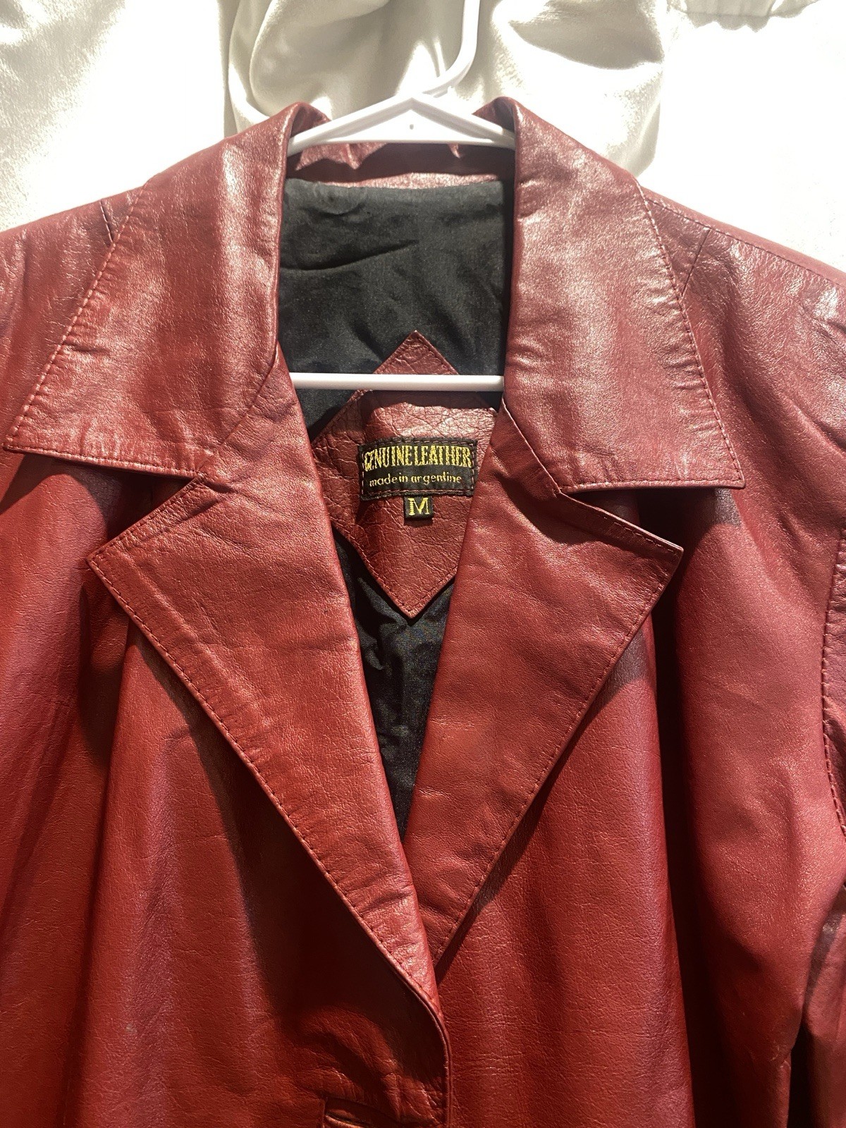 Genuine Leather Women's M Red Mid-Length Jacket Button Long Sleeve Basic