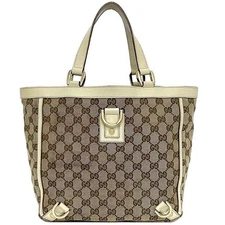 Gucci Tote Bag Beige White 130739 Gg Canvas Leather Used 213317 Logo Allover Pat