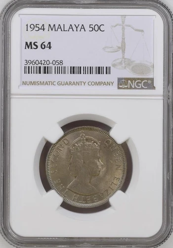 Mazuma *N1449 NGC Malaya Queen Elizabeth QEII 1954 50 Cents MS64