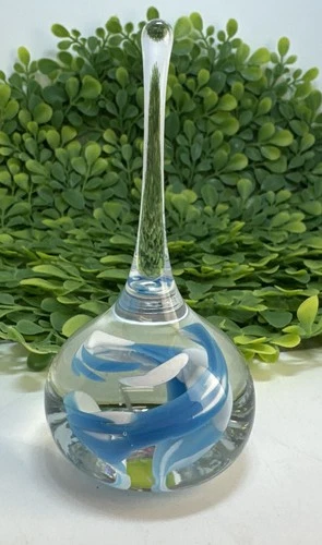 Signed Blenko 2016 Art Glass Ring Holder RARE Blue White Swirl 4"