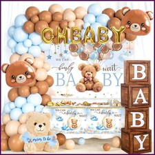 Teddy Bear Theme Blue And Brown Baby Shower Backdrop Balloon Decorations For Boy