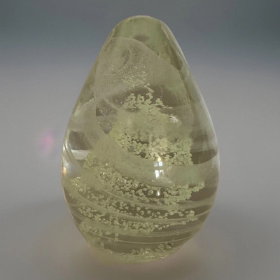 Hand Blown Art Glass Paperweight Egg Shape White Ribbon Swirls 3x4 