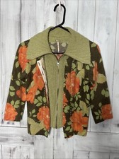FREE PEOPLE GREEN ORANGE FLORAL FULL ZIP ANGORA WOOL LAYERED CARDIGAN SWEATER M