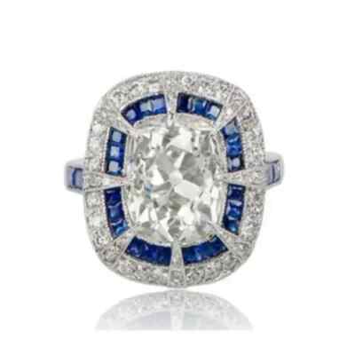 Art Deco Cushion Cut Lab Created Diamond & Sapphire Halo 925 Silver Wedding Ring
