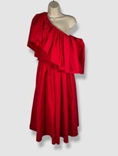 $2870 Alexander McQueen Women's Red One Shoulder Ruffle Midi Dress Size 38
