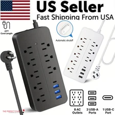 US Power Strip Surge Protector 8 AC Outlets 3 USB Ports + Type C Port 4 FT Cable