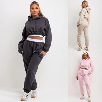 Damen Gekürzt Kapuzenpulli Und Jogginghose Satz Gerippter Saum 2-Piece Set 6-14