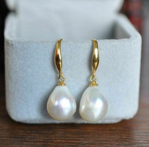 GENUINE AAA 12-10mm South Sea White Baroque Pearl Earrings 14K YELLOW GOLD - Afbeelding 1 van 2
