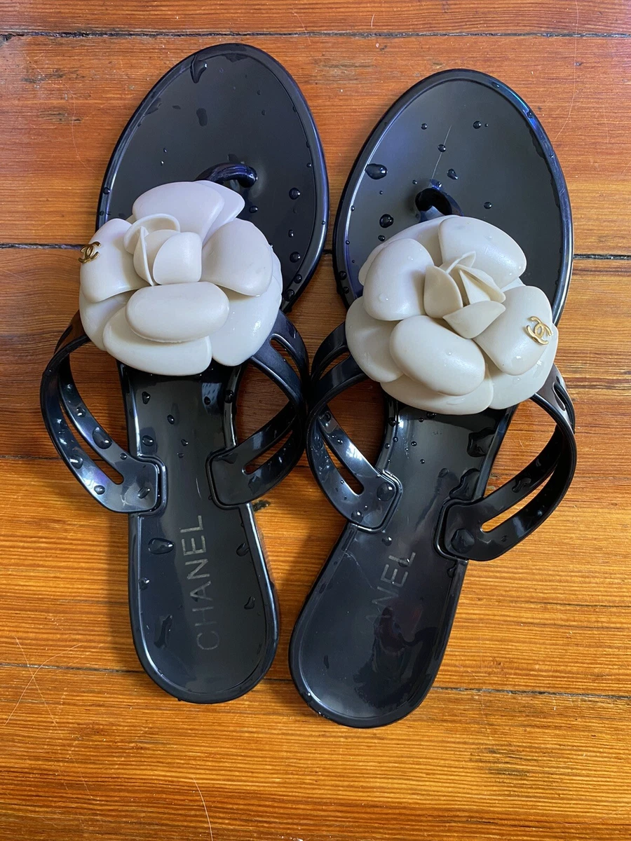 ‘Sold’ CHANEL Black & Cream Camellia Flower Jelly Sandals 38