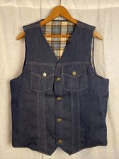 VTG Denim Vest Plaid Liner Medium Dark Western Trucker Button Front 70s 80s